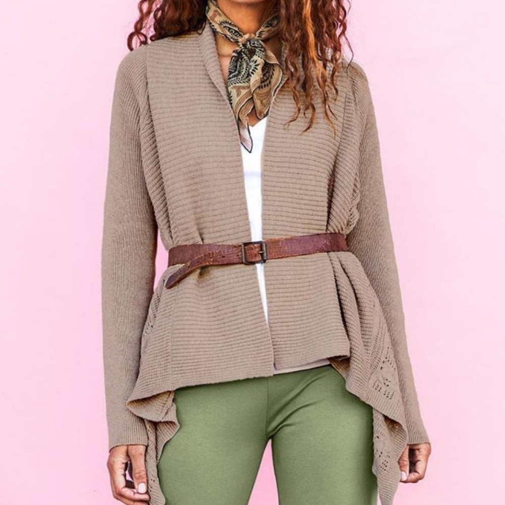 Matilda Jane Lets Get Away Cardigan Women's M Beige Ribbed Eyelet Boho Retro
